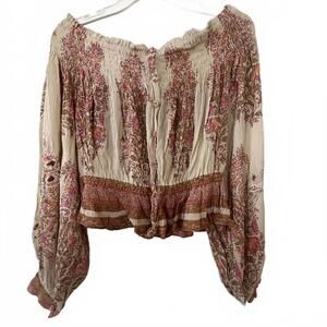 NWT Free People Bohemian Style Floral Button-Up Long Sleeve Blouse size L